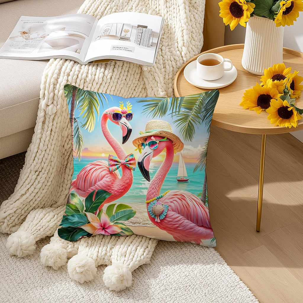 BlissYard Flamingo Beach Throw Pillow Covers 18x18 Set of 2 Tropical Decorative Pillow Covers Coastal Summer Cushion Covers Pink Flamingo…