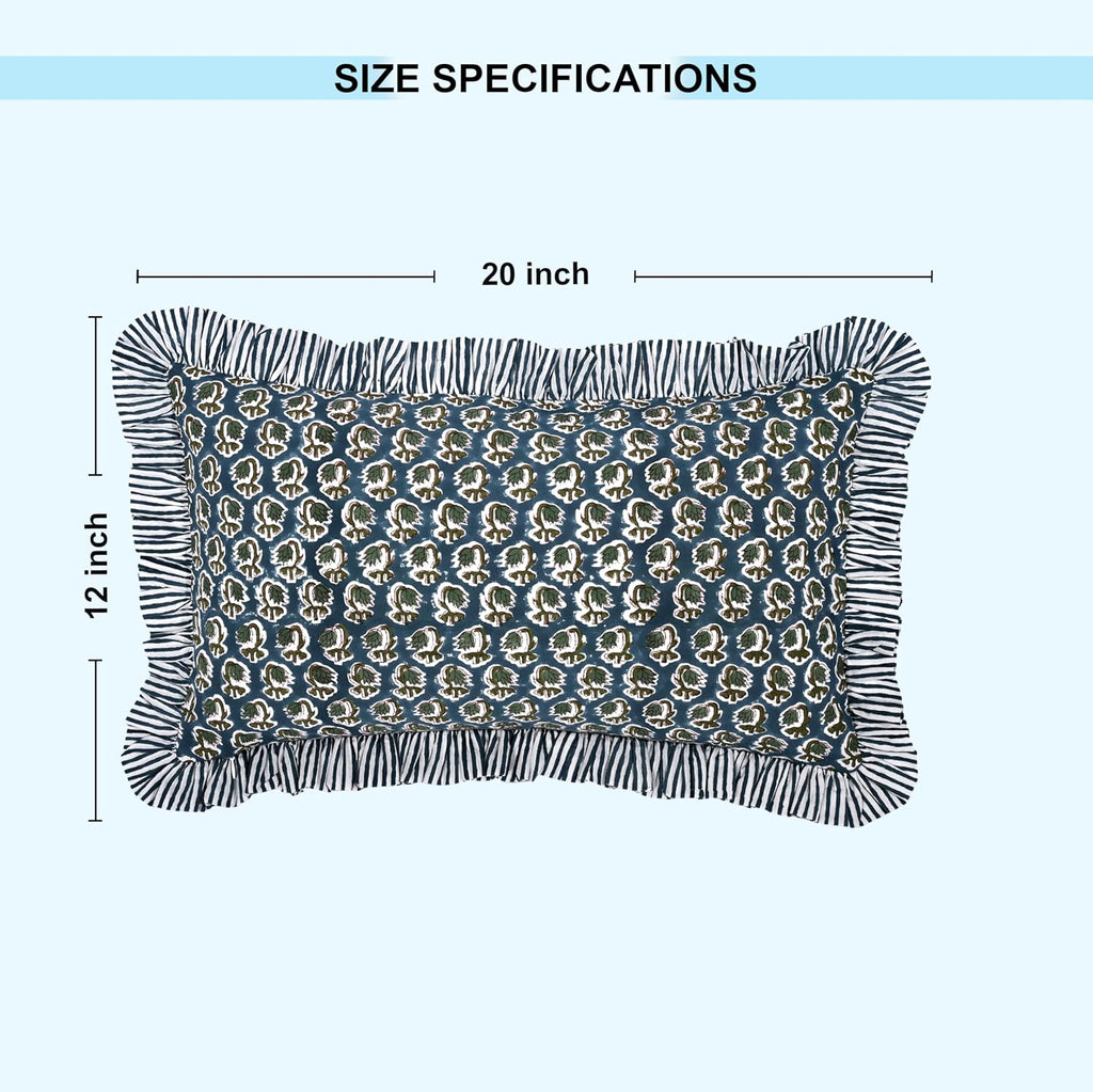 Ridhi Block Print Peacock Blue 20"x12" Set 1-100% Cotton Ruffle Lumbar Sham Cover Boho Floral Pillowcase, Farmhouse Cottagecore Bedding…