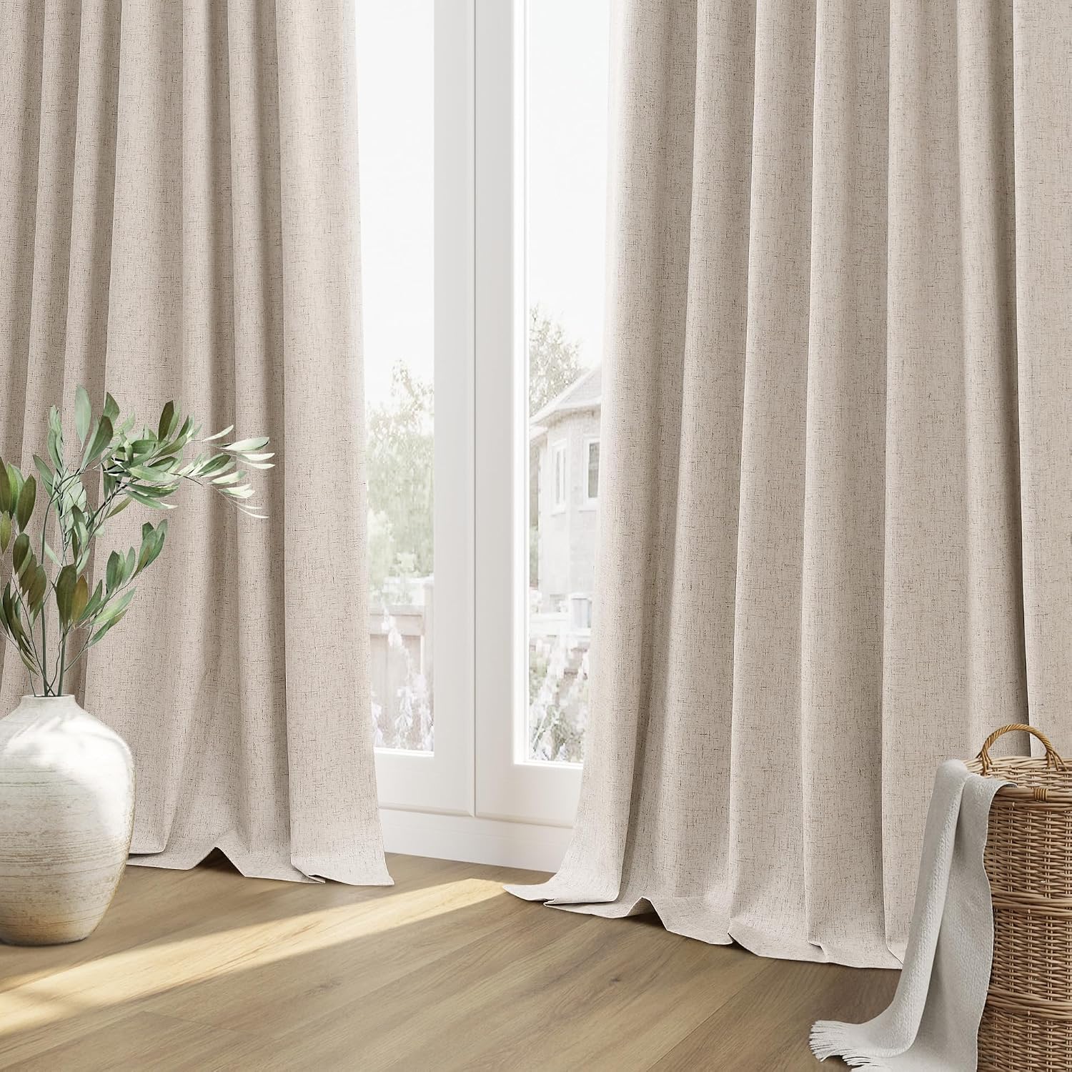Guken Oatmeal 100% Blackout Linen Curtains 63 Inch Length 2 Panels Set for Living Room Bedroom Back Tab Thermal Insulated Black Out Drapes…