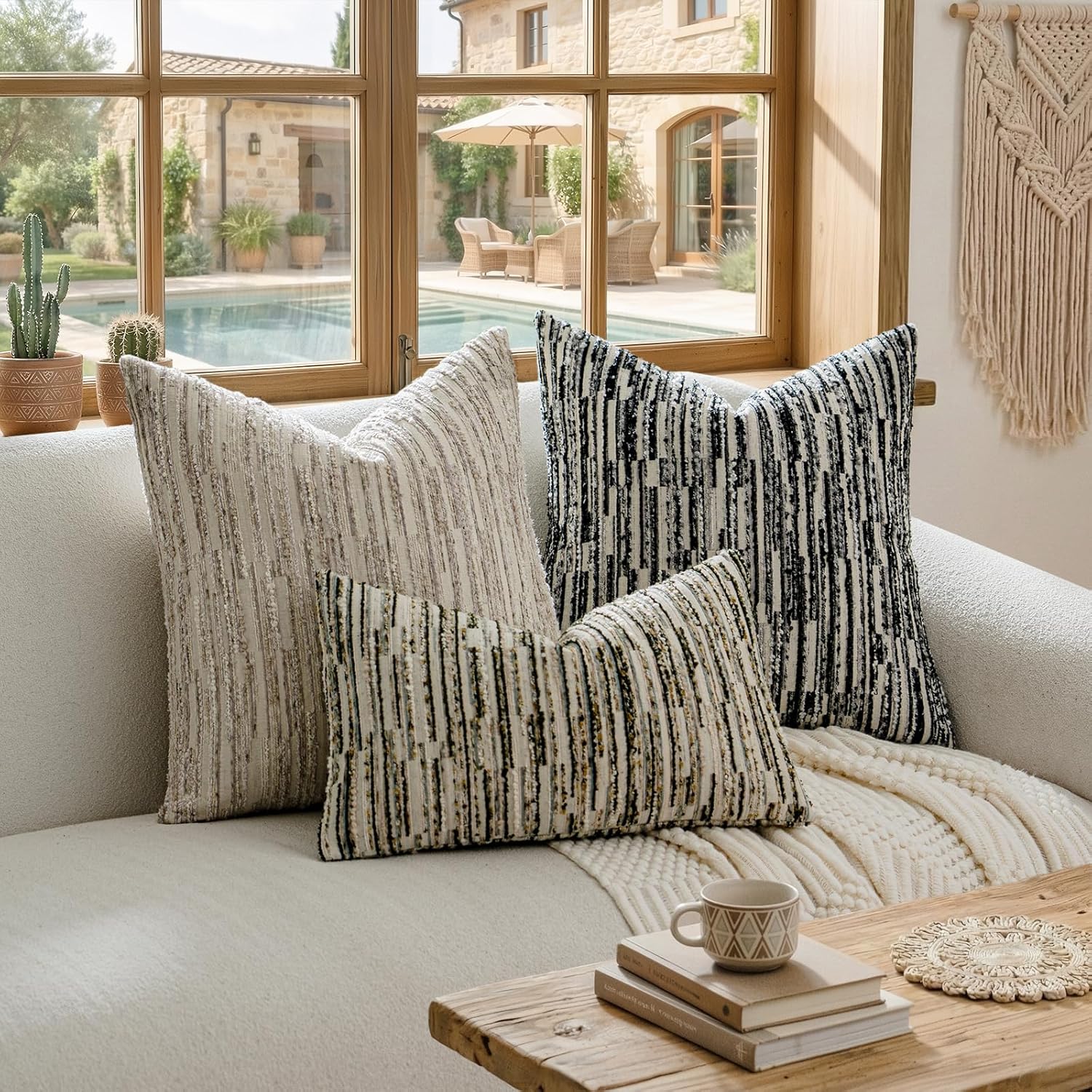 amoment a moment Boho Throw Pillow Covers Set of 2, Striped Decorative Rustic Farmhouse Pillow Cases, Aesthetic Modern Home Decor Couch Cushi…