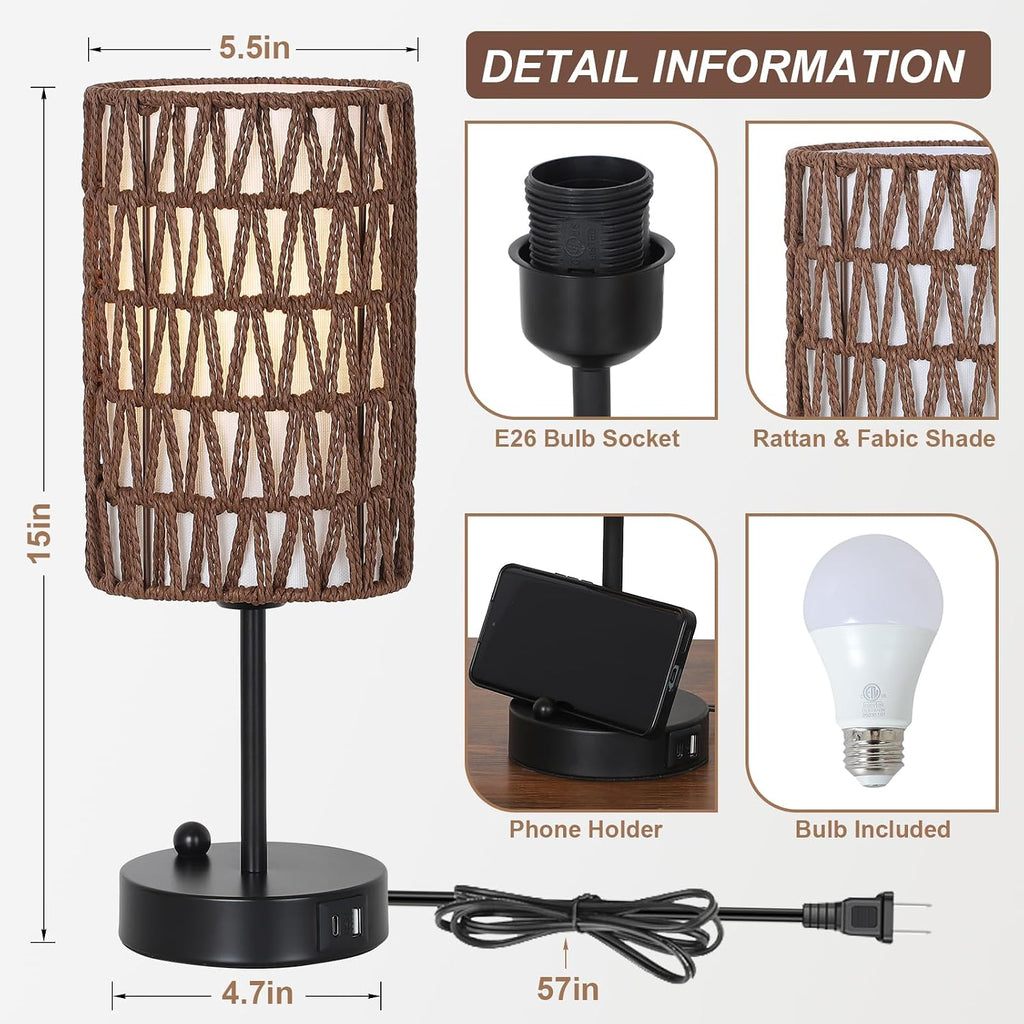 Bedside Lamps Set of 2, Touch Control Night Stand Lamp for Bedroom with Rattan & Linen Shade & Bulbs, 3 Way Dimmable Small Boho Table…