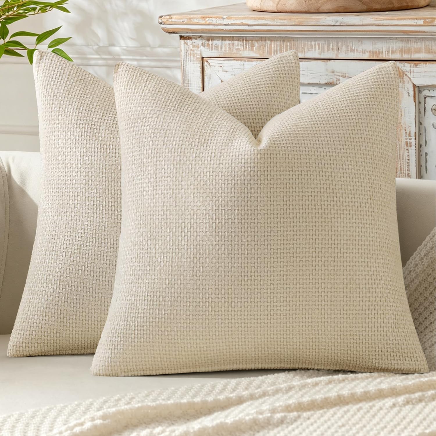 Miulee Pack of 2 Couch Throw Pillow Covers 18x18 Inch Neutral Cream Modern Boho Accent Decorative Pillow Covers Soft Chenille Farmhouse Cus…