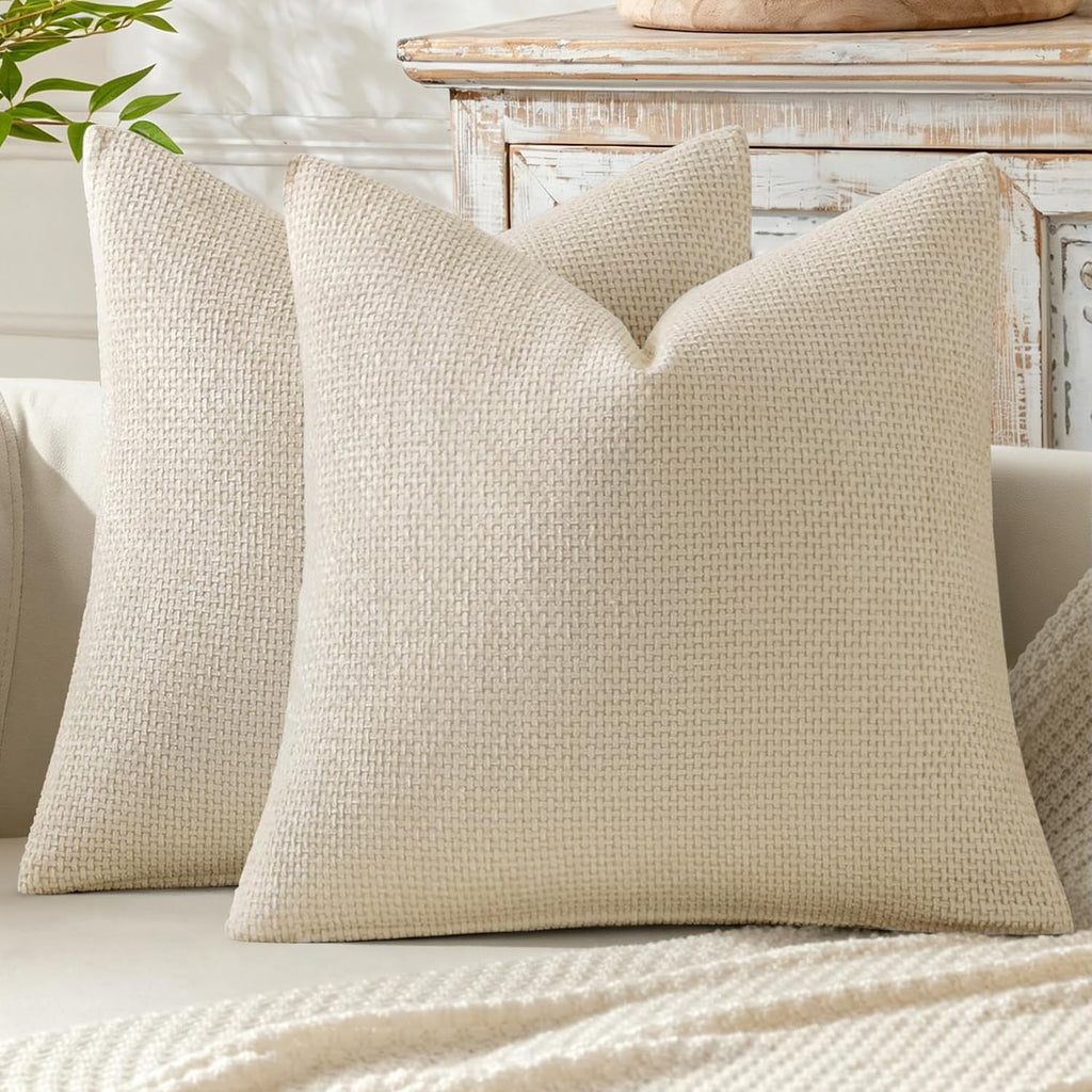 Miulee Pack of 2 Couch Throw Pillow Covers 20x20 Inch Neutral Cream Modern Boho Accent Decorative Pillow Covers Soft Chenille Farmhouse Cus…