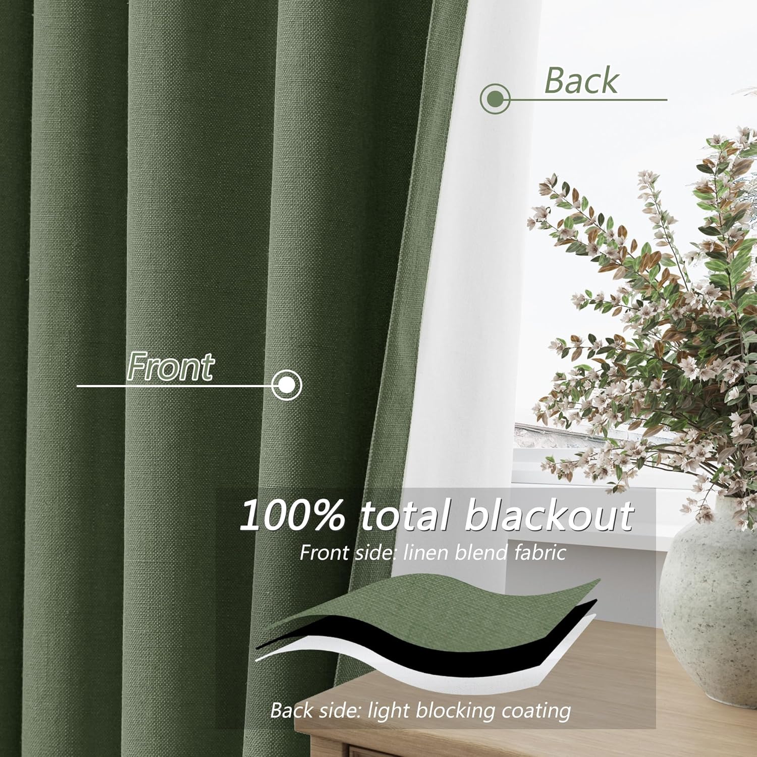 Guken Olive Green 100% Blackout Curtains 84 Inch Length 2 Panels Set for Living Room Bedroom Back Tab Thermal Insulated Black Out Linen Dra…