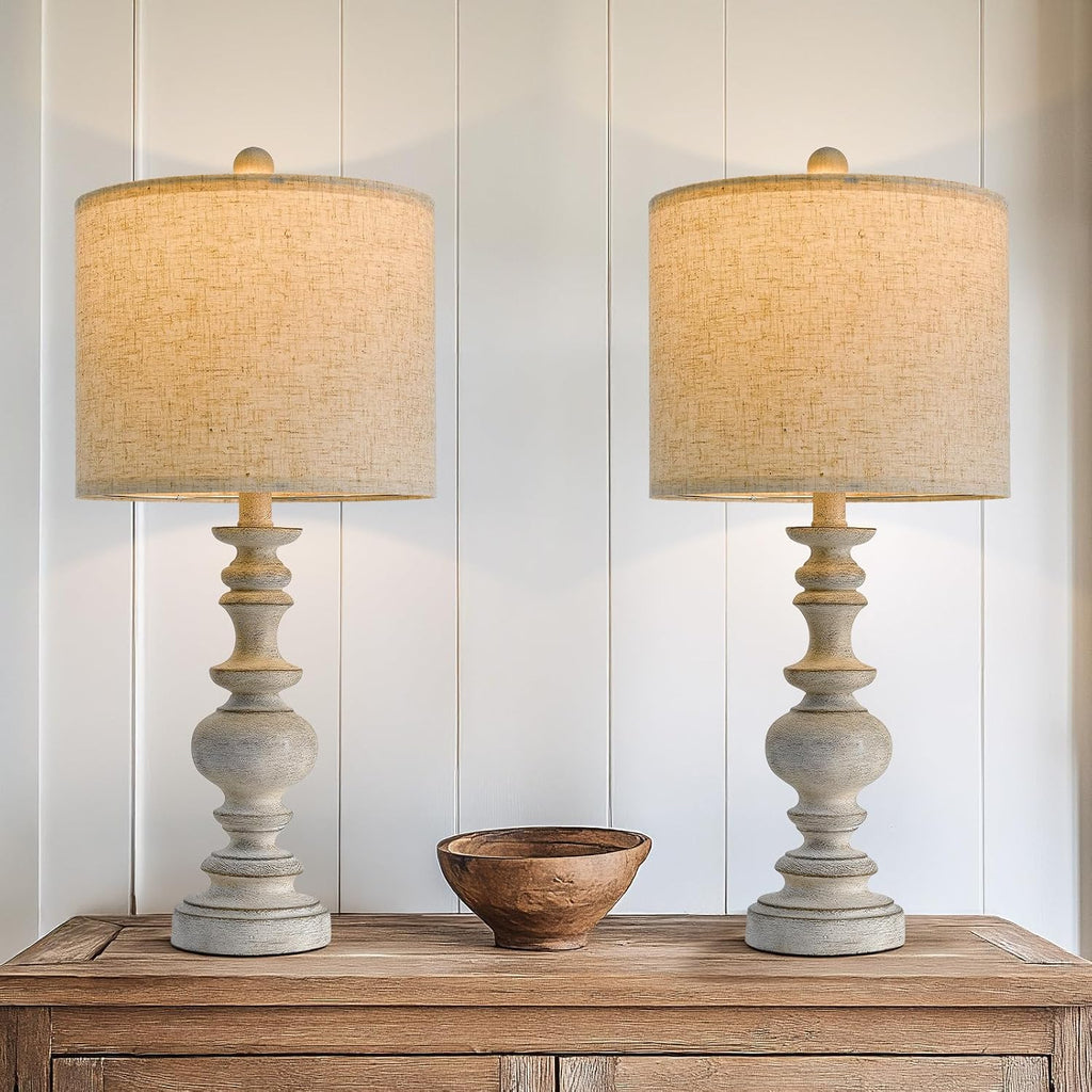 BOBOMOMO 24" Farmhouse Retro Table Lamp Set of 2, Traditional Resin Lamps for Living Room Bedroom, Vintage Bedroom Lamps with Linen…