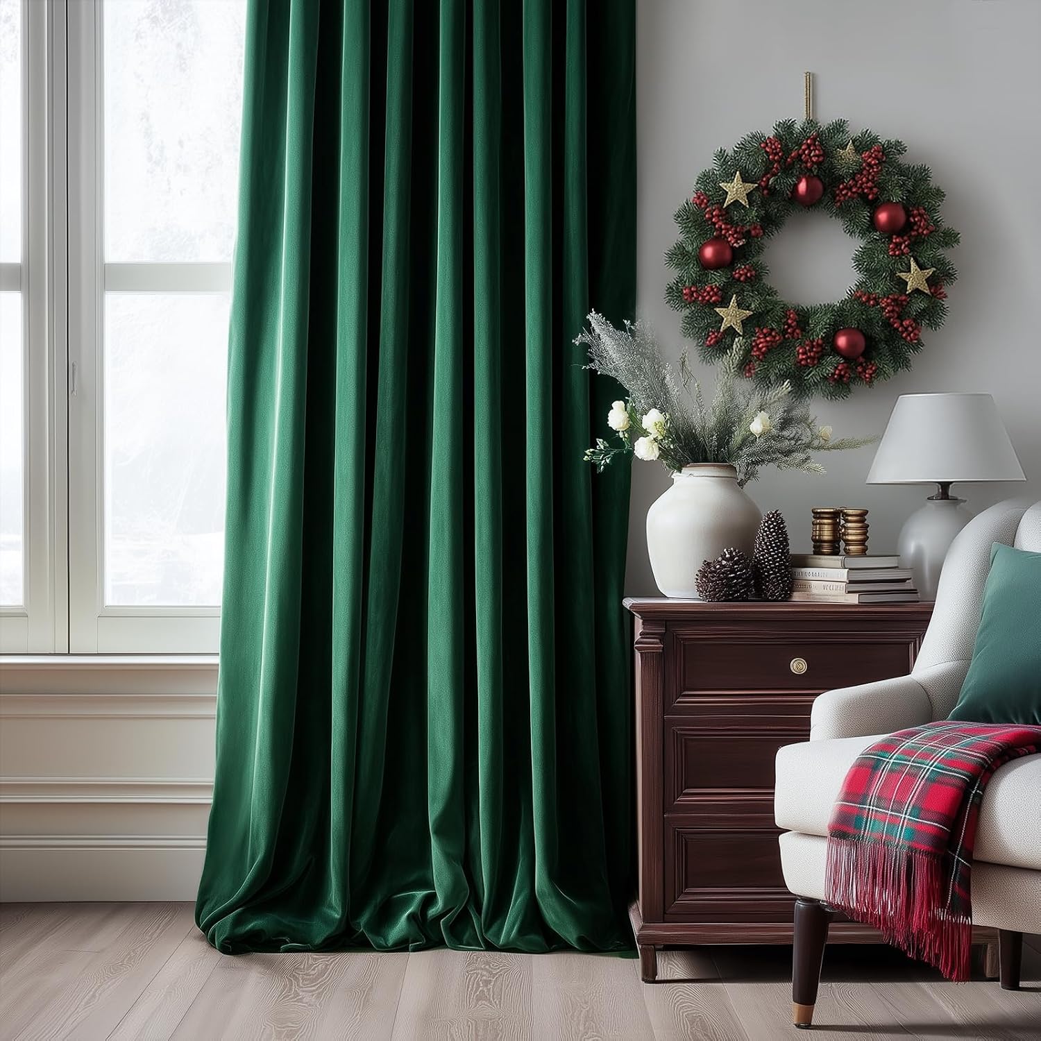Drapenova 96 Inches Long Green Velvet Curtains for Bedroom Living Room Christmas Green Pinch Pleated Blackout Thermal Curtain Drapes…