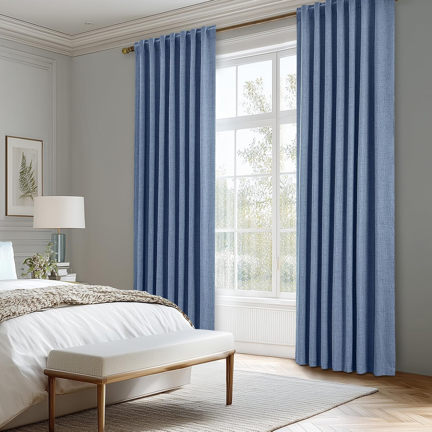 Miulee 100% Blackout Linen Curtains for Bedroom, Blue Solid Luxury Decor Thermal Insulation Room Darkening Drapes for Living Room Nursery B…