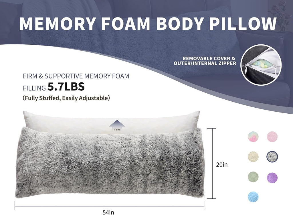 Wsofrlac Fluffy Full Body Pillow for Adults 20x54 Long Big Body Pillow Cover Pillowcase with Memory Foam for bed Grey Pregnancy Cuddle Snug…