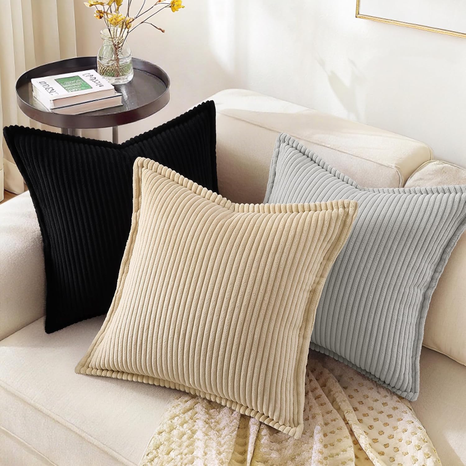 decorUhome Summer Corduroy Black Euro Sham Throw Pillow Covers 26x26 Set of 2 Decorative Soft Boho Farmhouse Couch Pillow Covers for Living…