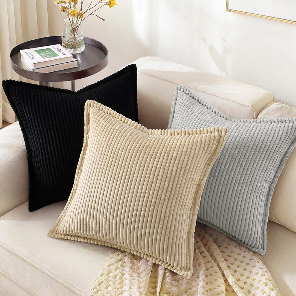 decorUhome Summer Corduroy Black Euro Sham Throw Pillow Covers 22x22 Set of 2 Decorative Soft Boho Farmhouse Couch Pillow Covers for Living…