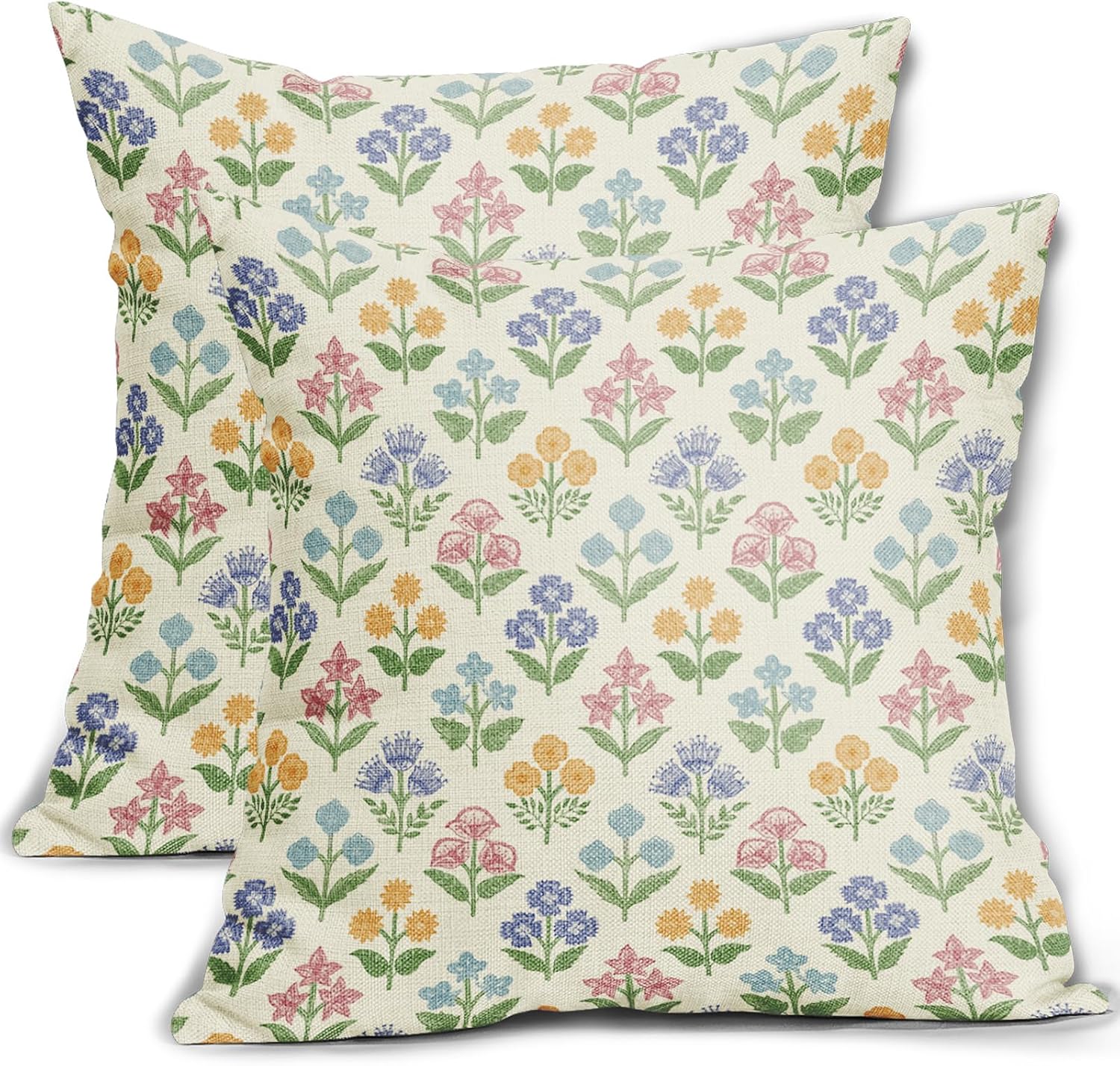 Spring Floral Easter Block Print Pillow Covers 24x24 Inch Set of 2, Pink Yellow Blue Purple Flower Holiday Decorative Throw Pillowcases…