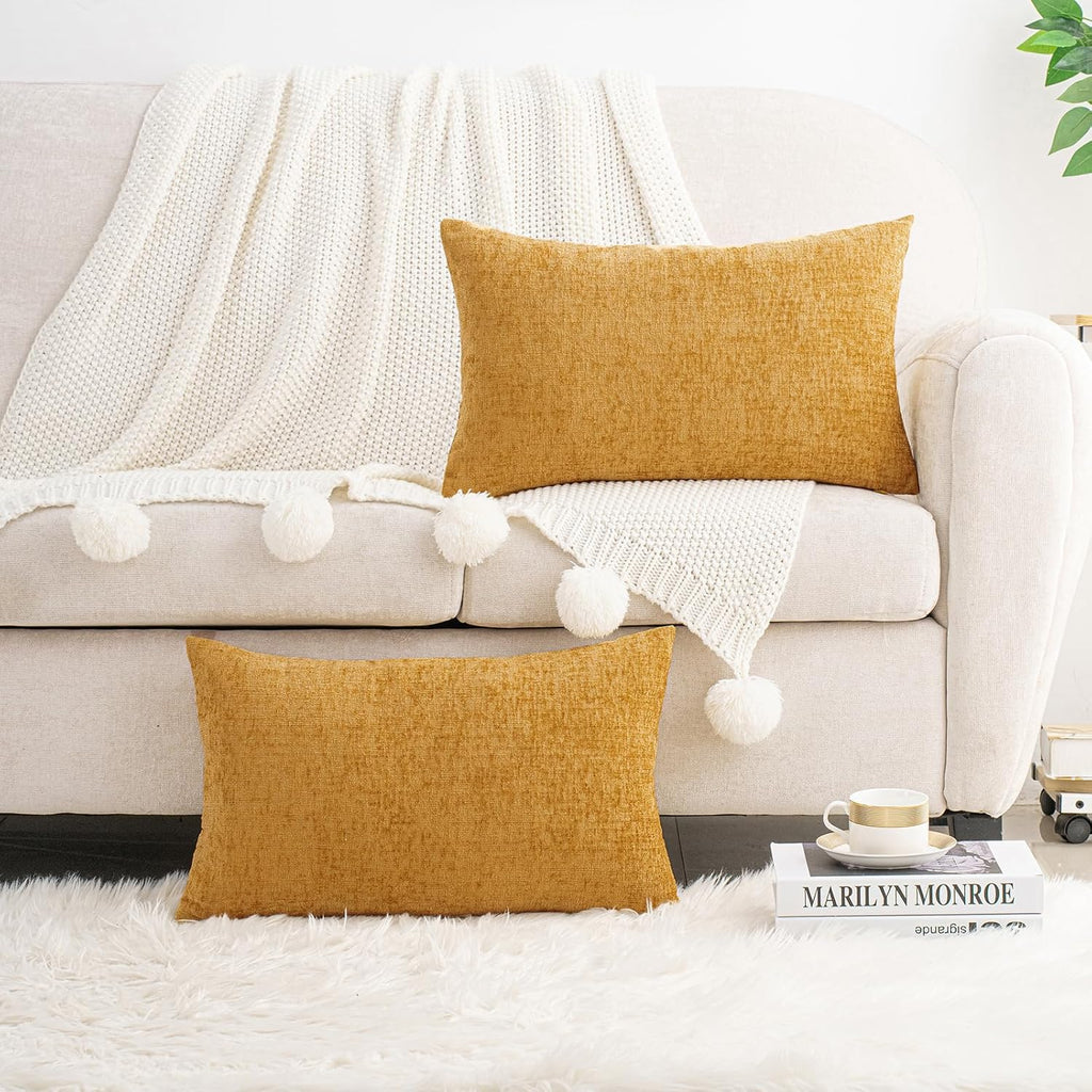 Hwy50 HWY 50 Gold Lumbar Pillow Covers 12x20 Inch Pack of 2, Soft Chenille Decorative Throw Pillow Covers Farmhouse for Couch Sofa Living R…