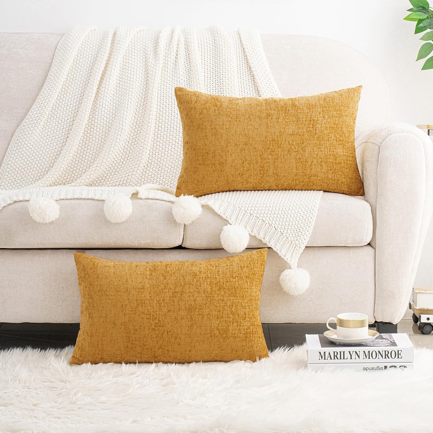 Hwy50 HWY 50 Gold Lumbar Pillow Covers 12x20 Inch Pack of 2, Soft Chenille Decorative Throw Pillow Covers Farmhouse for Couch Sofa Living R…