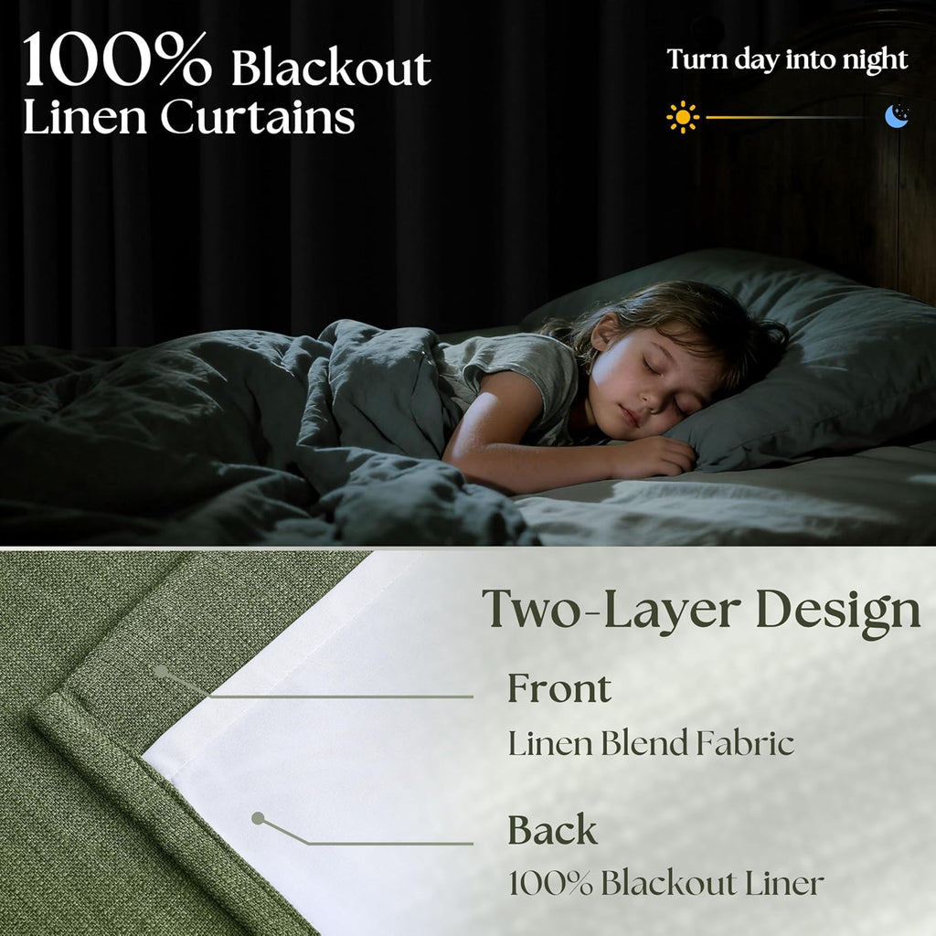 Twodrapes Thick Linen Olive Green Blackout Curtains 90 Inches Long for Living Room Bedroom 100% Black Out Pinch Pleated Drapes Double Layer…