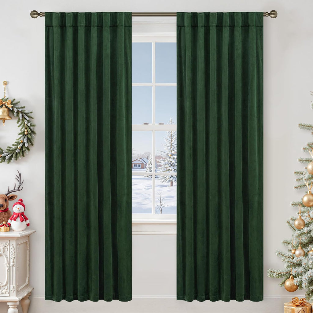 Lamit Velvet Curtains 80 Inch for Living Room, Emerald Green Thermal Insulated Room Darkening Panels Soundproof Back Tab and Rod Pocket Chr…