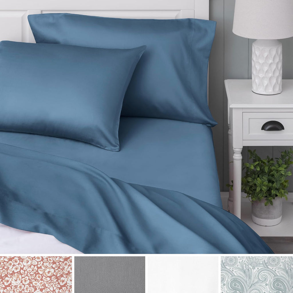 WelhomeByWelspun Welhome 100% Cotton Percale 4-Piece Queen Size Solid Bed Sheets Set, 1 Fitted, 1 Flat Sheet with 2 Pillowcases, Blue Cotto…