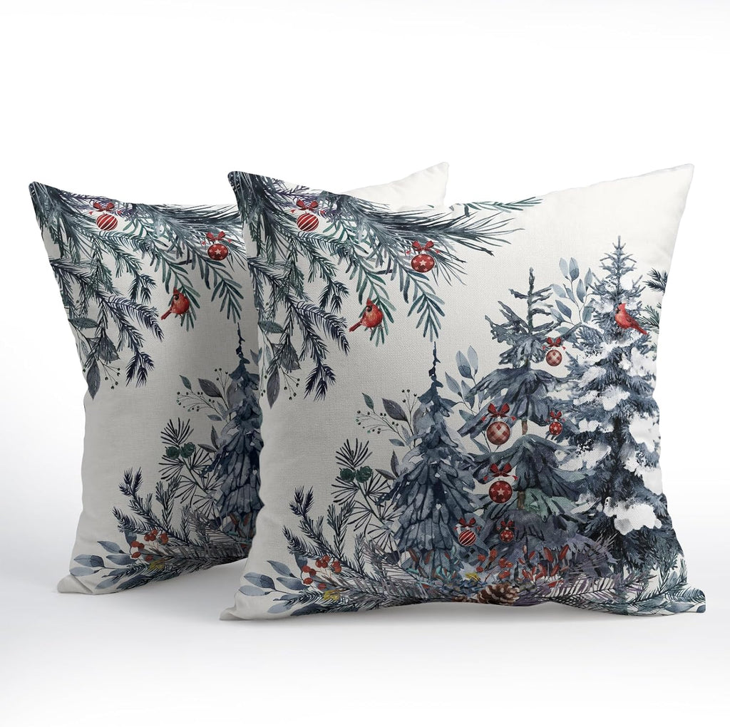Granbey Christmas Tree Throw Pillow Covers 22x22 Inch Set of 2 Winter Watercolor Blue Grey Pine Trees Berry Bells Birds Decorative Pillowca…