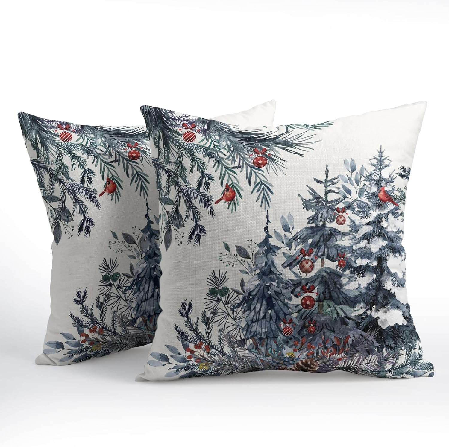 Granbey Christmas Tree Throw Pillow Covers 18x18 Inch Set of 2 Winter Watercolor Blue Grey Pine Trees Berry Bells Birds Decorative Pillowca…