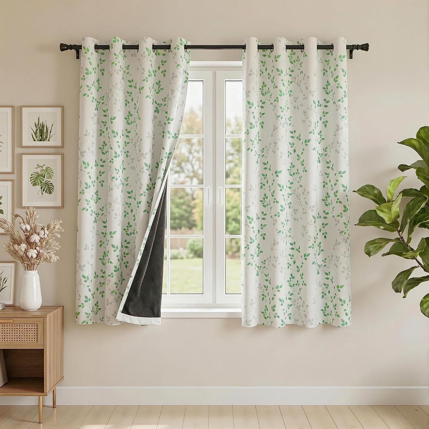 Meetsky 95% Blackout Curtains 63 Inches Long for Bedroom - Green and Grey Leaf Pattern Thermal Insulated Drapes for Living Room, Room Darke…