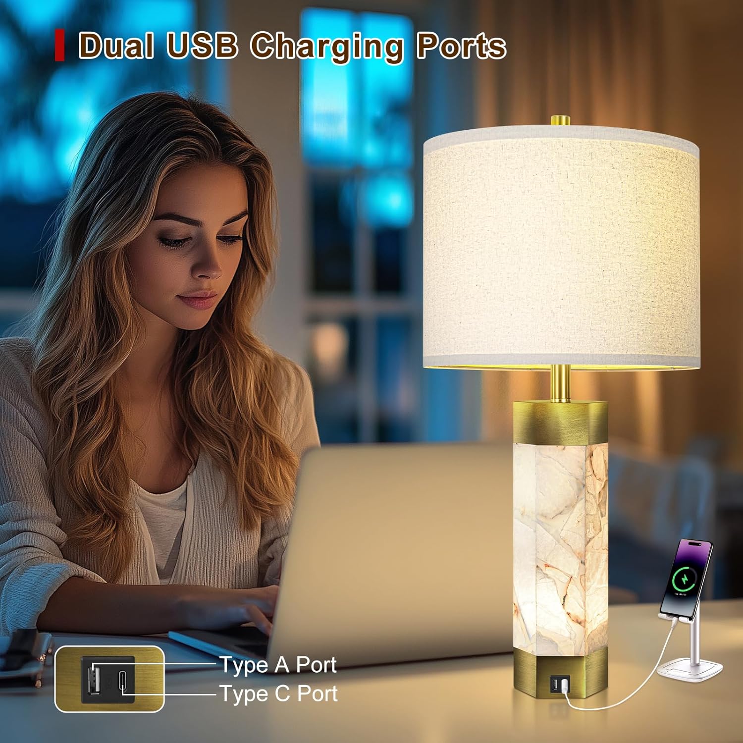 Natural Alabaster Table Lamps Set of 2, Table Lamp with Night Light for Living Room, Nightstand Lamp with USB Ports, Bedside Lamp with Linen…