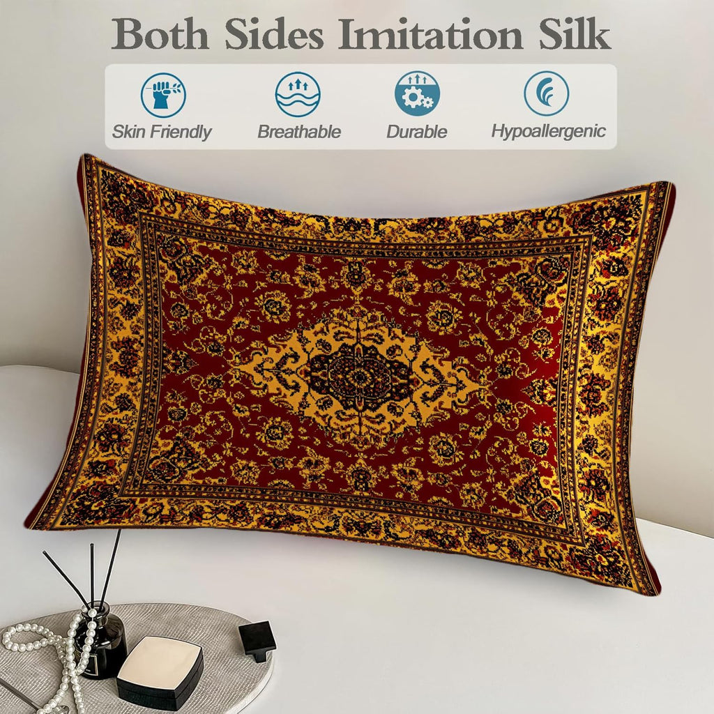 Imitation Silk Pillowcase for Hair and Skin Boho Retro Dark Red Golden Carpet 1 Pack Satin Queen Pillowcase with Hidden Zipper Cooling…