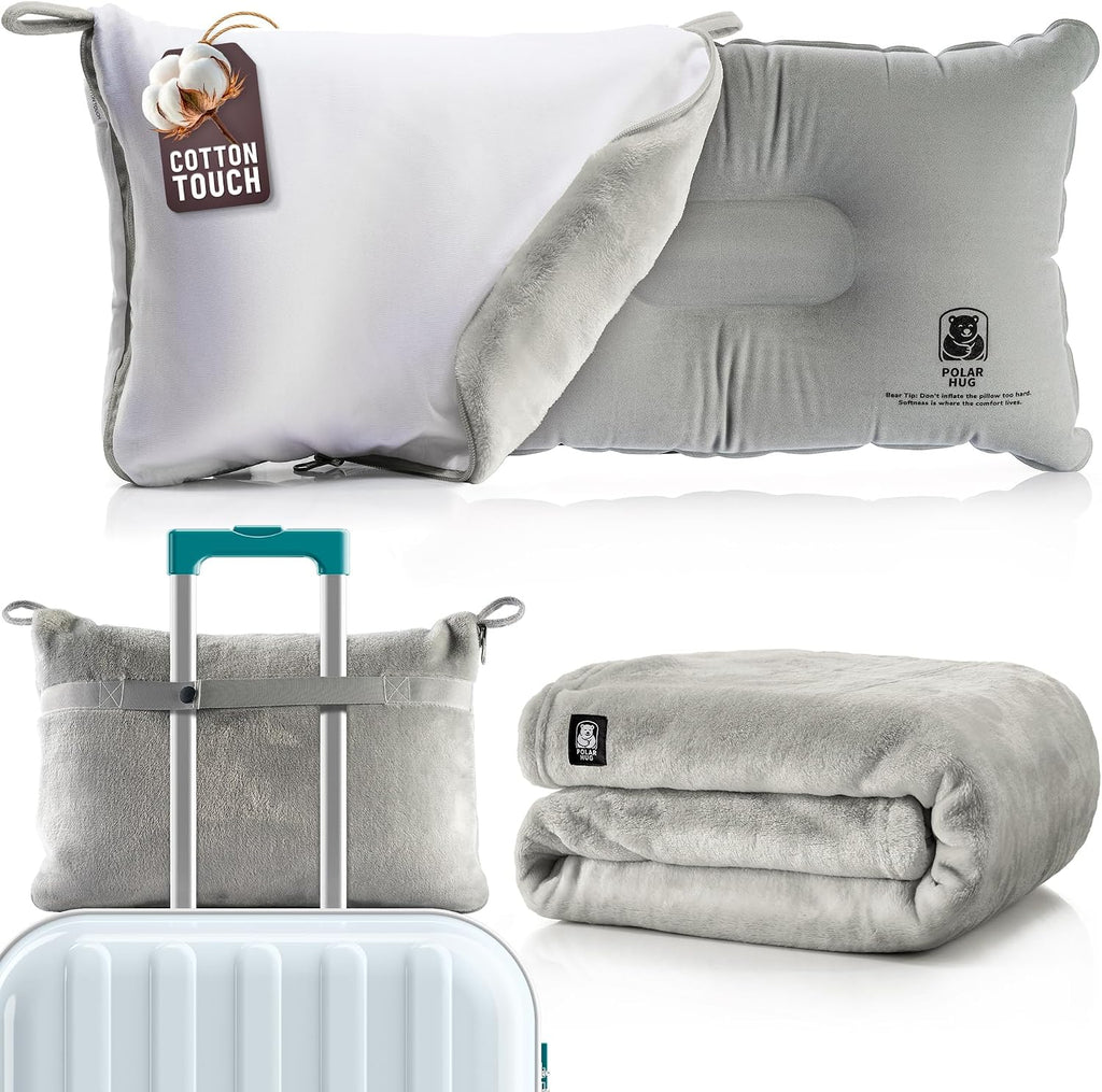 Travel Blanket and Pillow Set — Airplane Blanket with Inflatable Pillow and Cotton Pillowcase, Travel Blanket Combo with Back-Neck Snaps…
