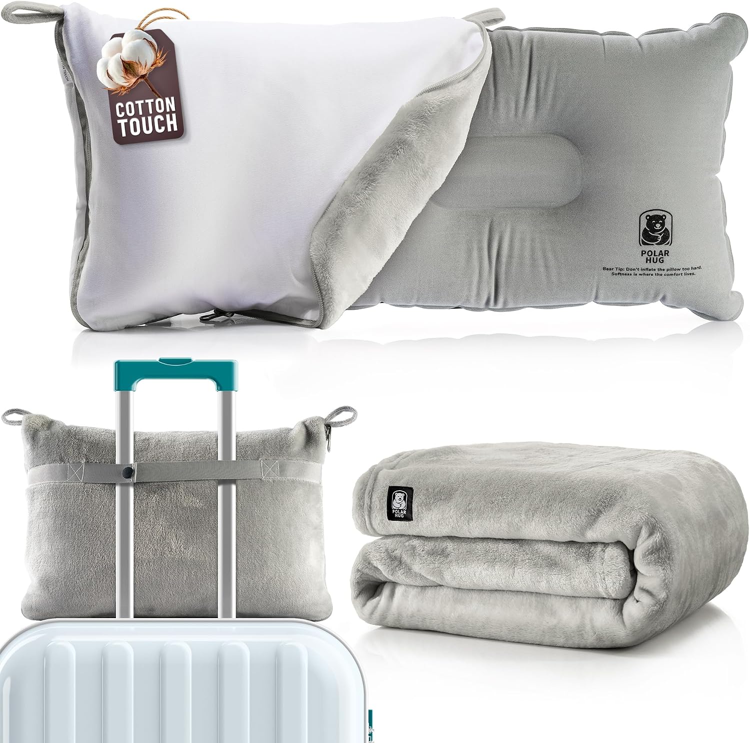 Travel Blanket and Pillow Set — Airplane Blanket with Inflatable Pillow and Cotton Pillowcase, Travel Blanket Combo with Back-Neck Snaps…