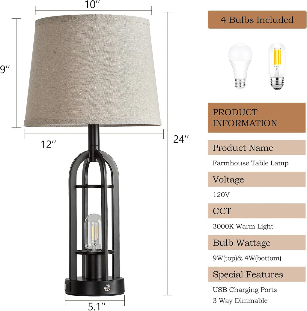 SRJJA 24" Table Lamps for Living Room Set of 2, Farmhouse Industrial 3-Way Dimmable Touch Bedside Lamps with USB A+C for Bedroom…
