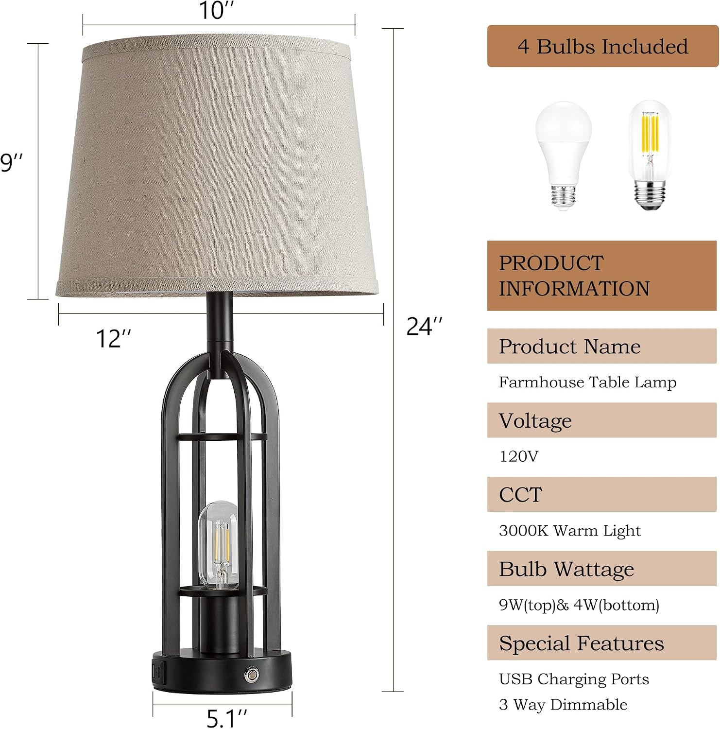 SRJJA 24" Table Lamps for Living Room Set of 2, Farmhouse Industrial 3-Way Dimmable Touch Bedside Lamps with USB A+C for Bedroom…