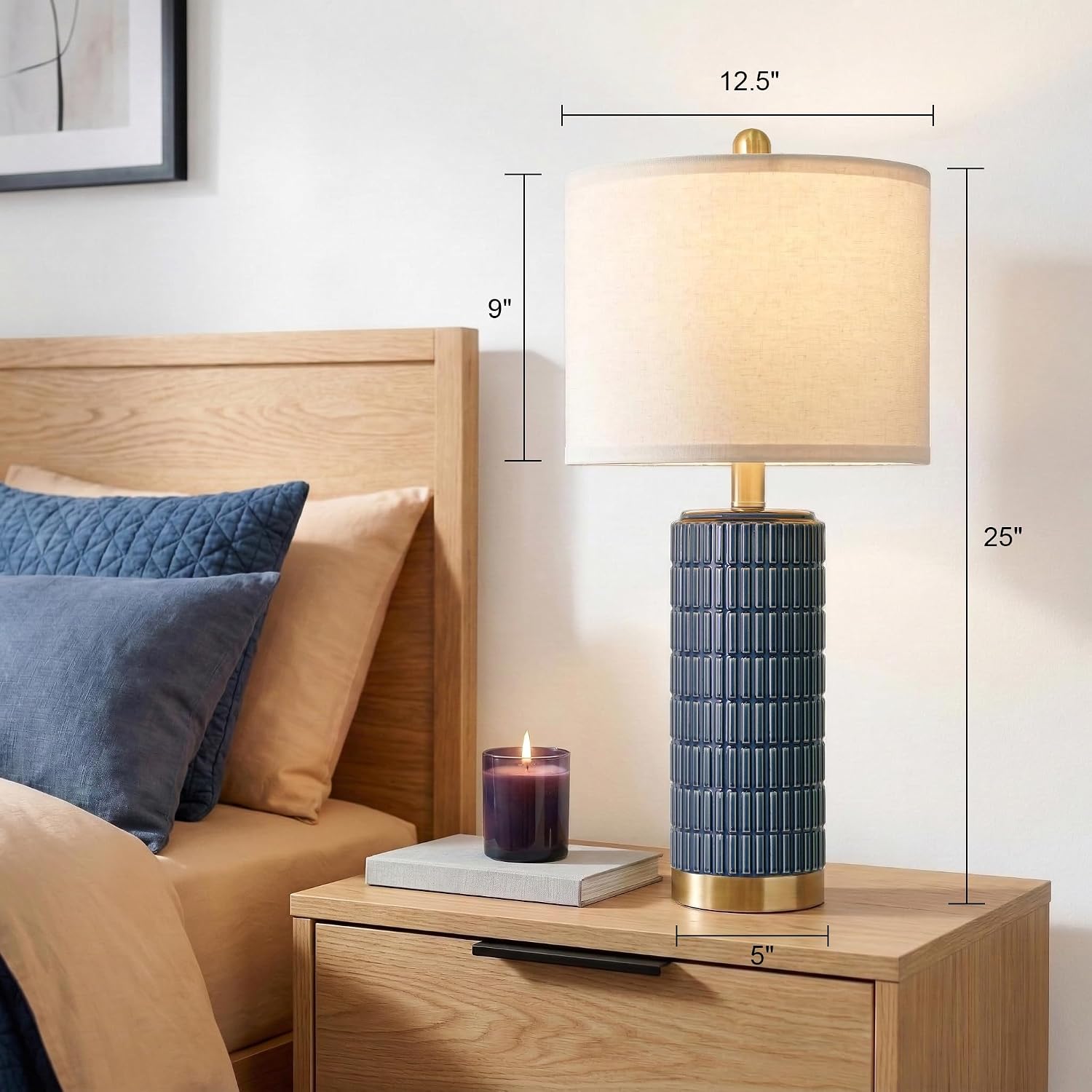 PoKat 25'' Blue Table Lamps for Bedroom Living Room Set of 2, Modern Ceramic Bedside Lamps with Gold Base for Office Sideboard Entryway…