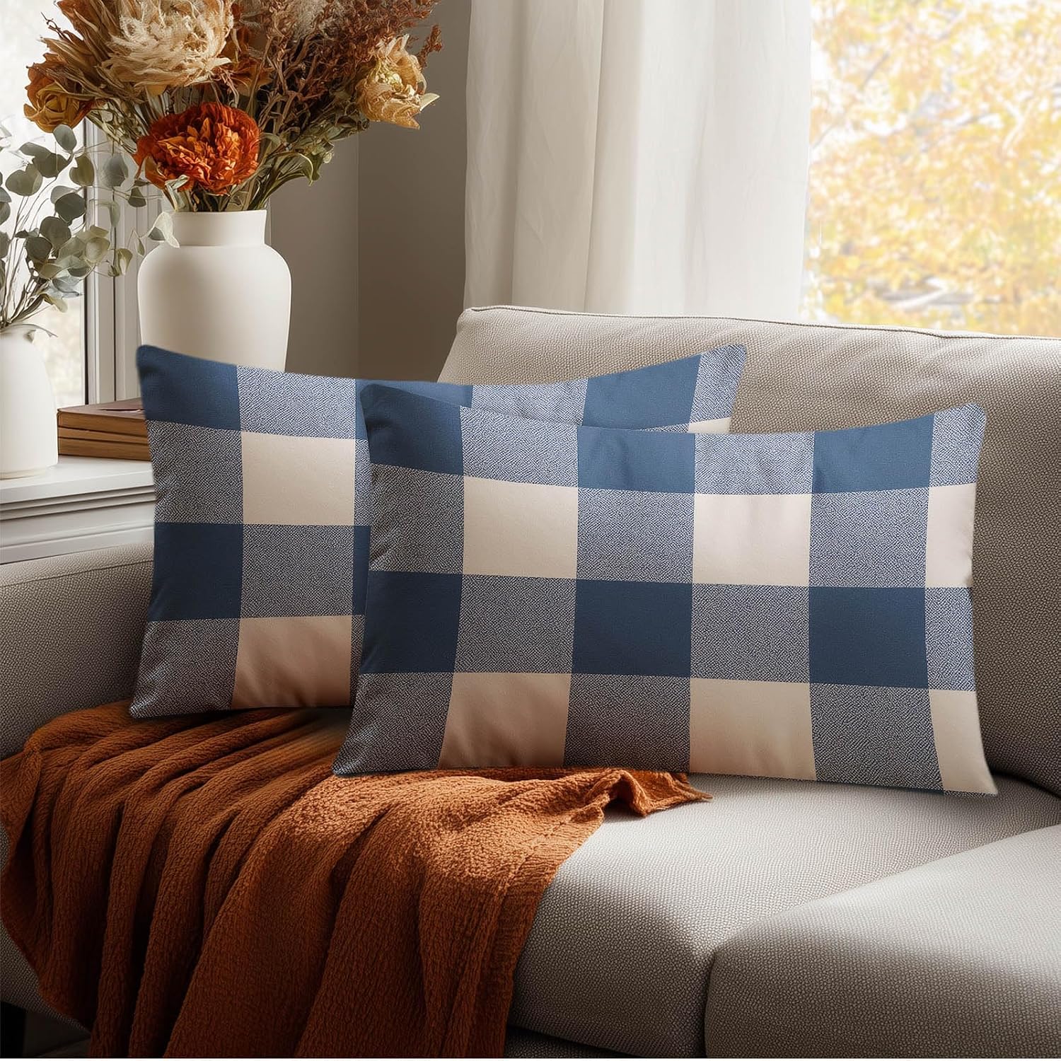 HOMETITUTE Blue Plaid Pillow Covers Decorative Pack of 2 Satin 12x20 Inch Lumbar Throw Pillow Cases for Sofa Couch Living Room Farmhouse…