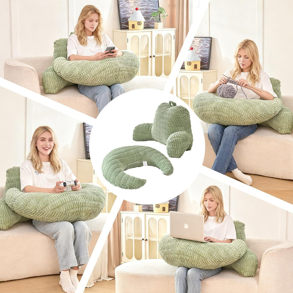 Pajeo 19" Corduroy Reading Pillow for Bed, Durable Striped Backrest Cushion with Lumbar Support & Arms, Firm Support Ergonomic Lounger for Ba…