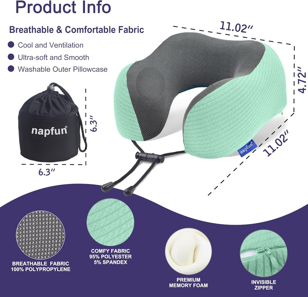 napfun Neck Pillow for Traveling, Upgraded Travel Neck Pillow for Airplane 100% Pure Memory Foam Travel Pillow for Flight Headrest Sleep…