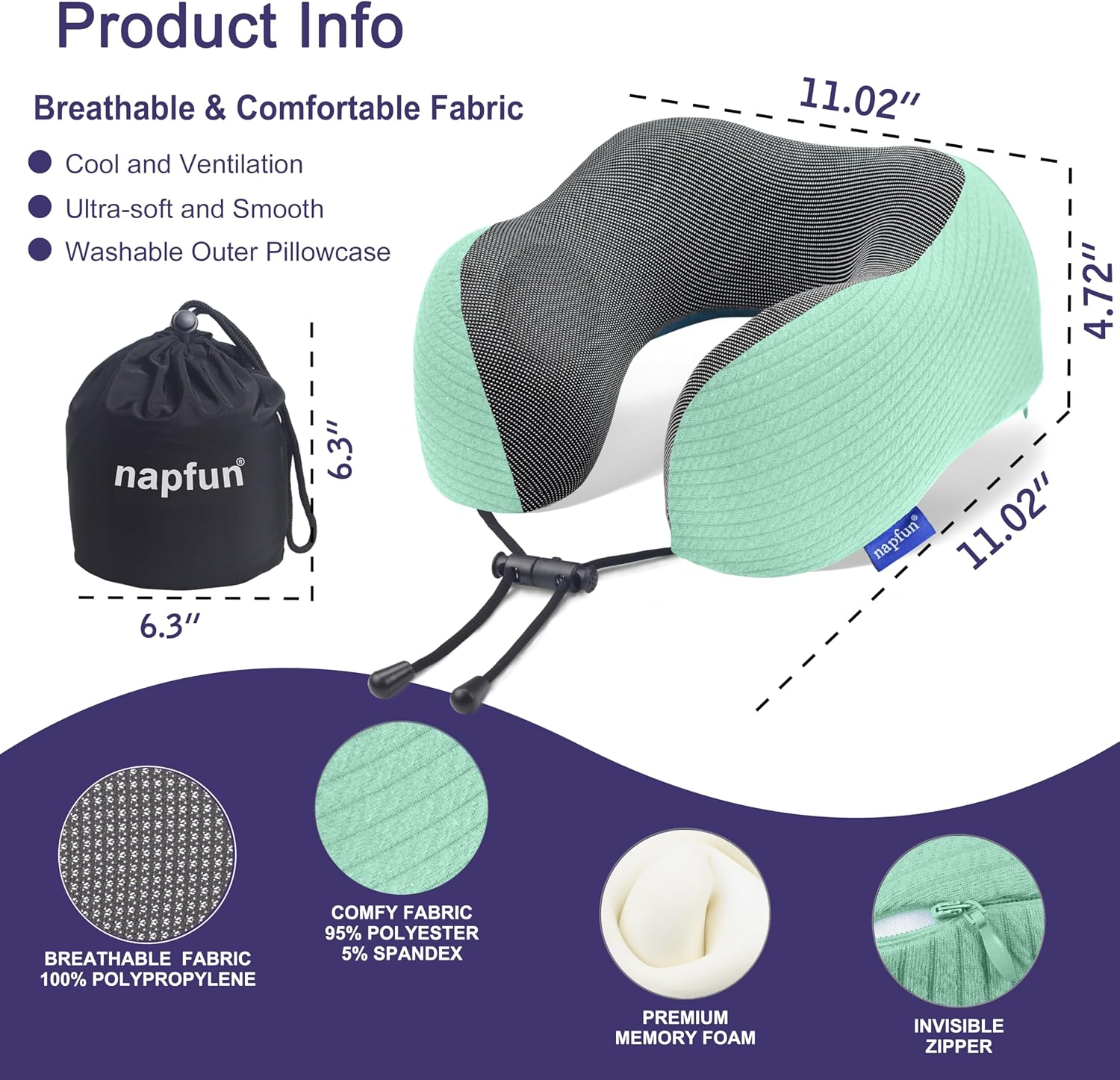 napfun Neck Pillow for Traveling, Upgraded Travel Neck Pillow for Airplane 100% Pure Memory Foam Travel Pillow for Flight Headrest Sleep…