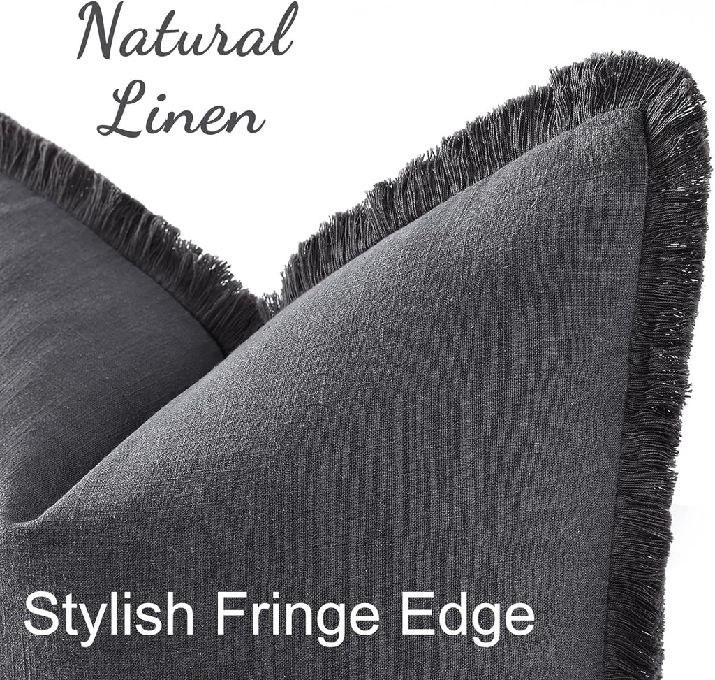 decorUhome Summer Decorative Neutral Linen Fringe Euro Sham Throw Pillow Covers Set of 2 Dark Grey Pillow Covers with Tassels Soft Farmhous…