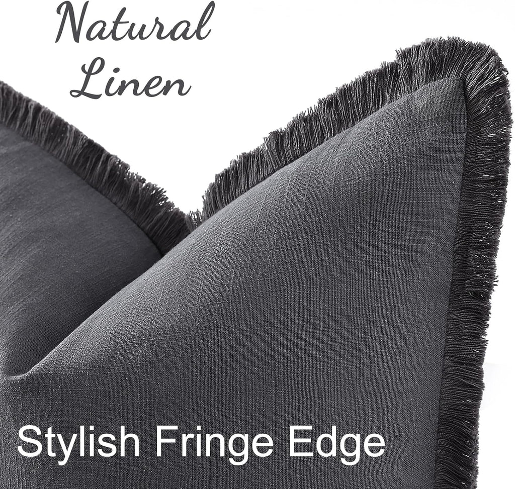 decorUhome Summer Decorative Neutral Linen Fringe Throw Pillow Covers Set of 2 Dark Grey Pillow Covers with Tassels Soft Farmhouse Boho Acc…