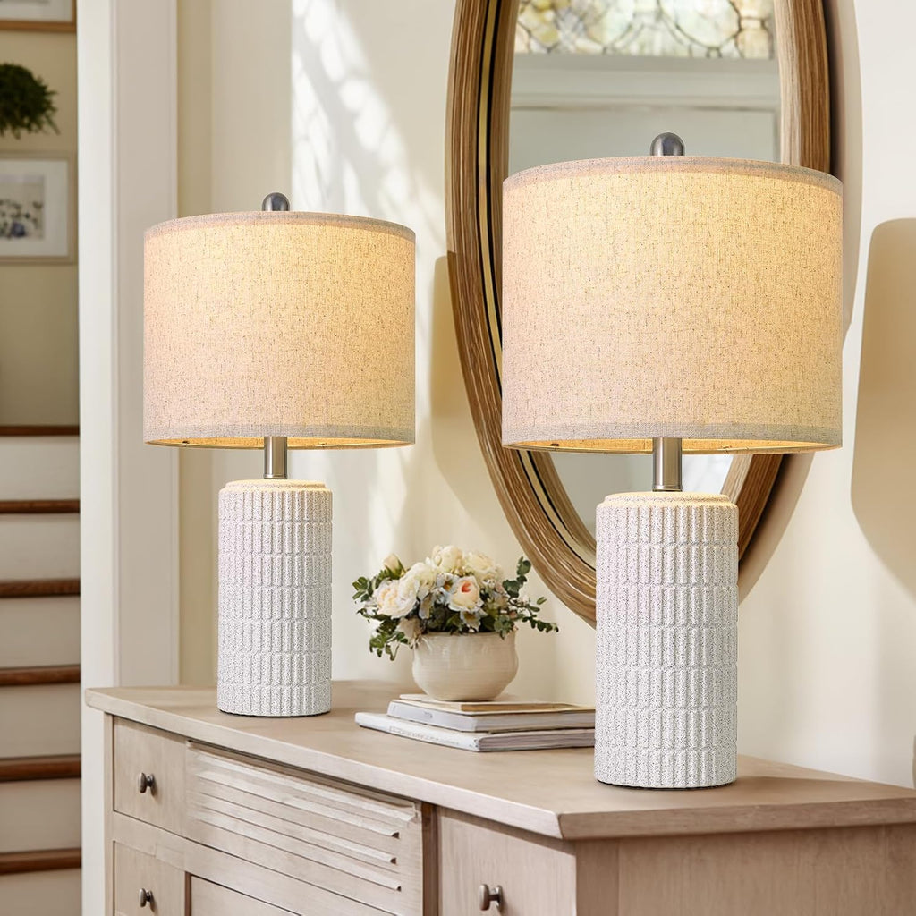 PoKat 20.75" Stone-Like Farmhouse Ceramic Table Lamps Set of 2 for Bedroom, White Bedside Lamps for Night Stands, Matte-Textured Decor…