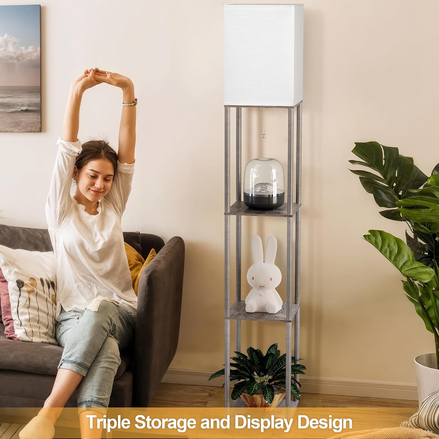 Floor Lamp with Shelves for Living Room Oak Gray, Shelf Floor Lamp with 3 CCT LED Bulb, Corner Display Standing Column Lamp Etagere…
