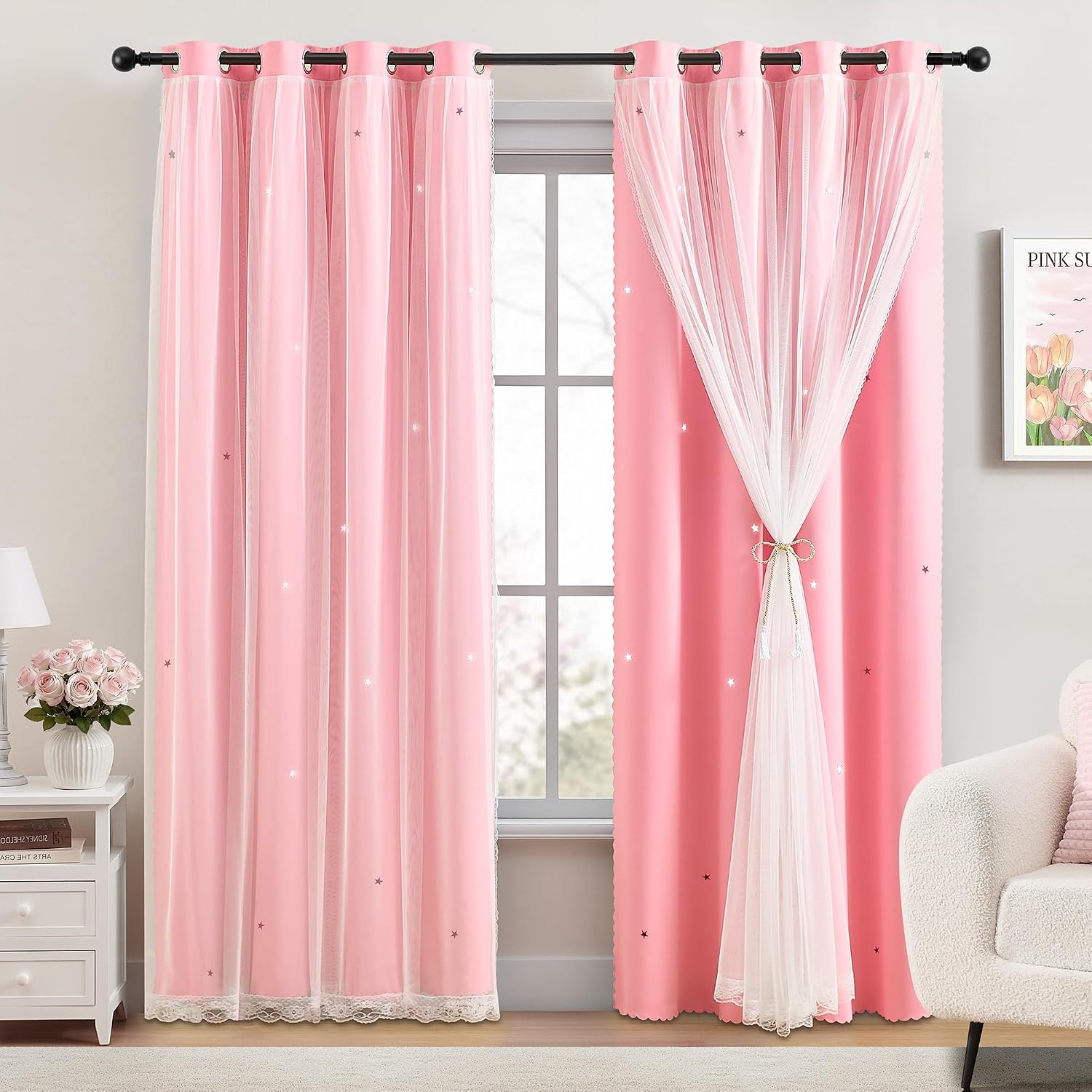 Addsomecolortolife XiDi Pink Curtains for Bedroom Decor, Baby Pink Kids Blackout Curtains for Girls Room, Princess Unicorn Wall Decor Set o…