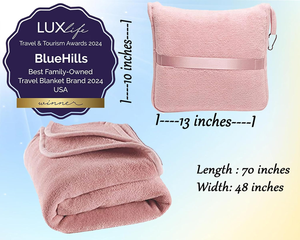 BlueHills Premium Soft Long Travel Blanket Pillow for Tall Airplane Flight Blanket 70 X48 inch Throw in Soft Bag case with Backpack Clip…