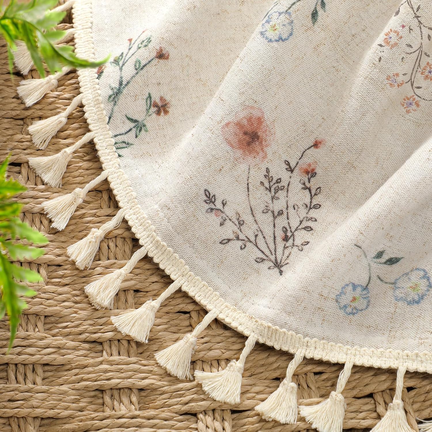 XOGUIBO Boho Floral 100% Blackout Curtains for Bedroom 84 Inch Length 2 Panels Set, Linen Texture Farmhouse Curtains Beige Tassel fo…