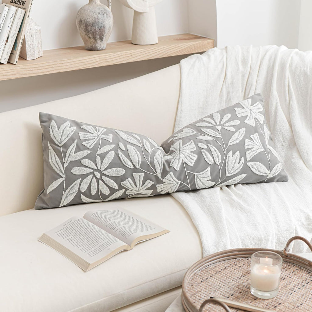 BlissBlush Gray Floral Lumbar Pillow Cover 14x36 Inch, Velvet Long Accent Pillow Cover for Bed, Soft Rectangle Decorative Farmhouse…