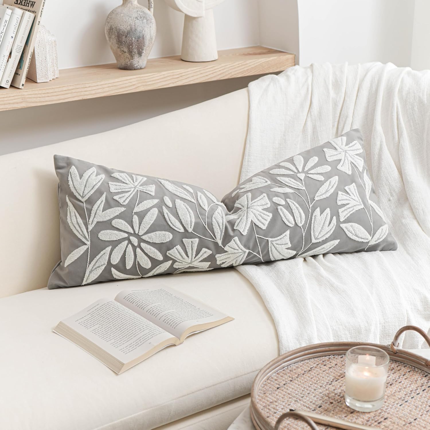 BlissBlush Gray Floral Lumbar Pillow Cover 14x36 Inch, Velvet Long Accent Pillow Cover for Bed, Soft Rectangle Decorative Farmhouse…