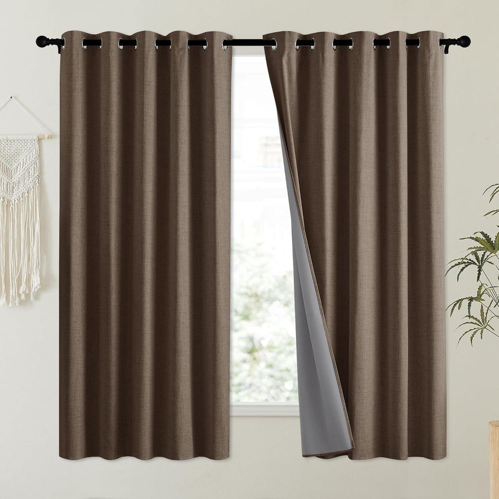 NICETOWN Coffee Vintage Linen 100% Blackout Curtains for Kitchen, Thermal Insulated Curtains 63" Long, Noise Reducing Window Treatment…