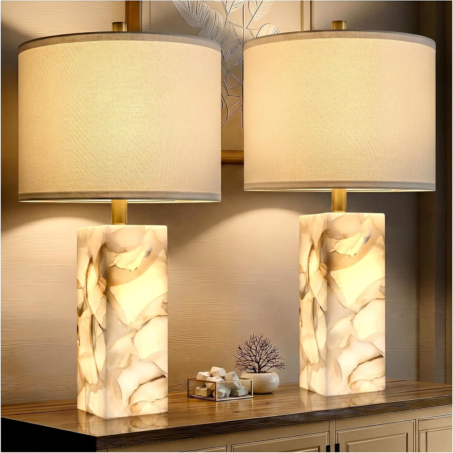Scenekoy Alabaster Table Lamp Set of 2 with Night Light for Bedroom Living Room, 23" Rotary Switch Bedside Lamp with Linen Shade, Modern…