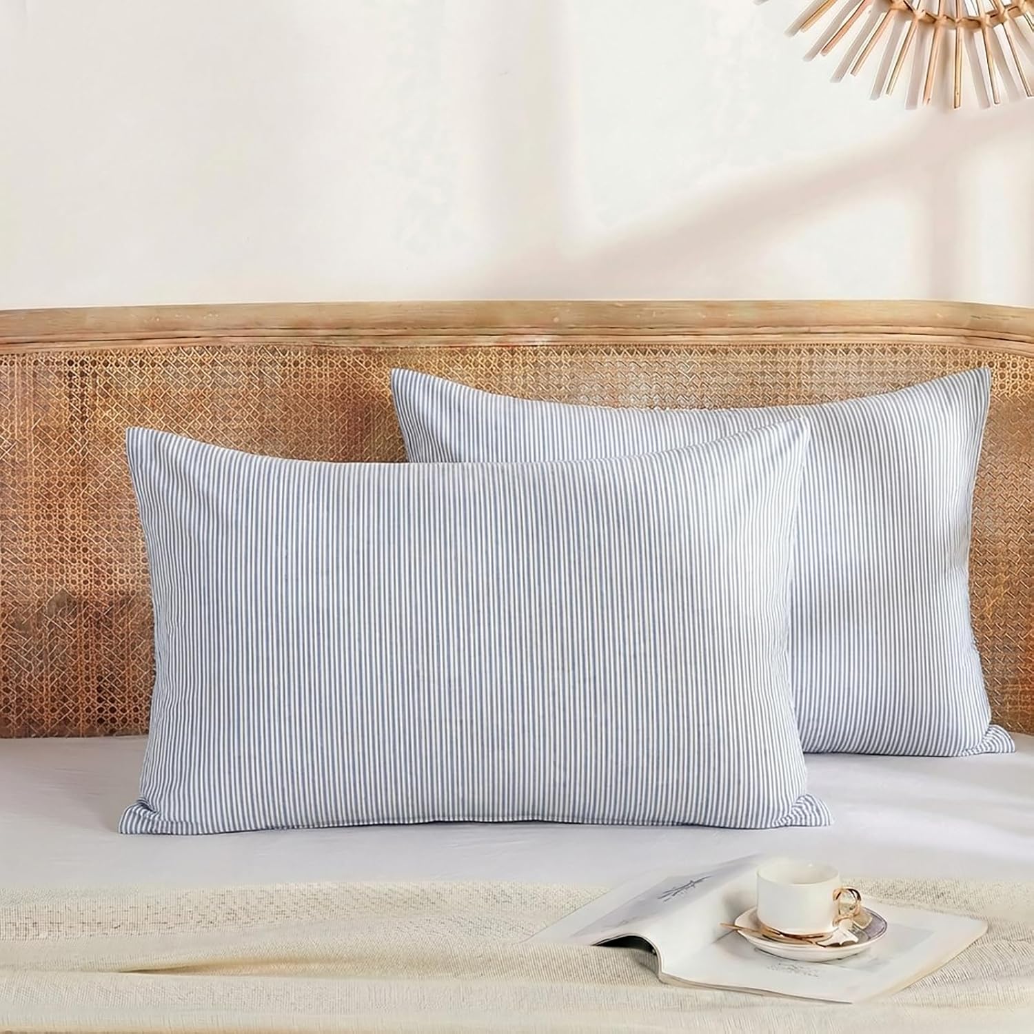 Merryword Blue Striped Pillowcases, 100% Cotton Pillow Cases, Queen Size Pillowcases, Luxury Linen Like Pillowcase, Soft Breathable Pinstri…