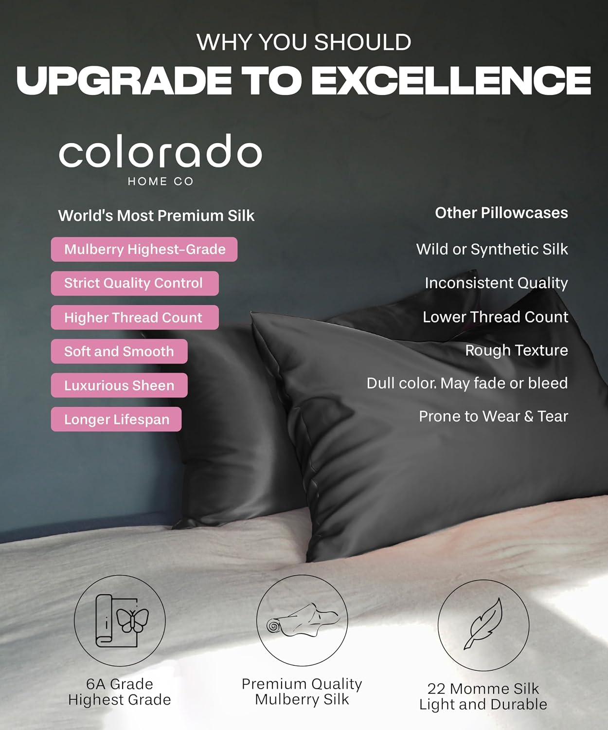 ColoradoHomeCo SUNDAYSILKSTM Silk Pillow Cases | 100% Mulberry Silk Pillowcase with Zipper, All Sides Real 22 Momme Grade 6A Silk, Standard…