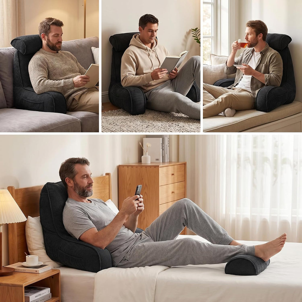 Ailuteie Corduroy Reading Pillow for Sitting Up in Bed, Bed Rest Backrest Pillow with Arms, Low Back Support Cushion with Side Pockets & Wa…