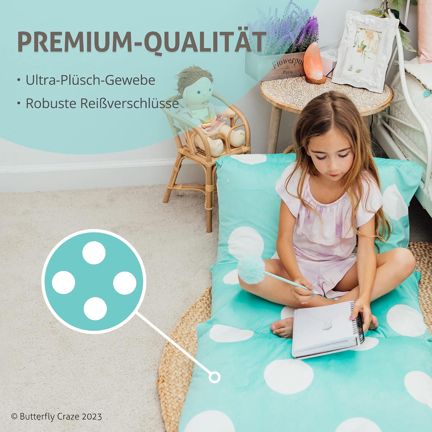 Butterfly Craze Floor Pillow Case, Mattress Bed Lounger Cover, Polka Aqua, Queen Size - Cozy Seating Solution for Kids & Adults, Recliner…