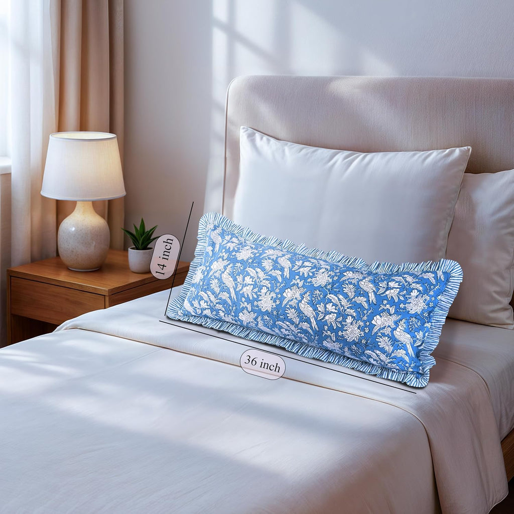 Cottonprintclub CPC Hand Block Print Blue Sapphire Ruffle Sham Pillow Cover 36" x 14" inch Hidden Zipper Decorative Pillowcase for Couch, B…